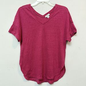 Sundance 100% Linen Slub Tee Magenta V Neck Front Back Hi Low Hem Size Medium